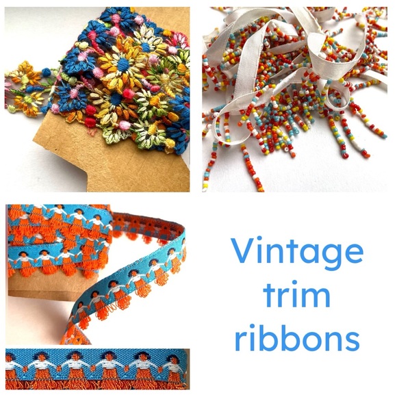 Vintage 70s trim multicolor beads front 1” length 2 yards ribbon - Picture 10 of 12